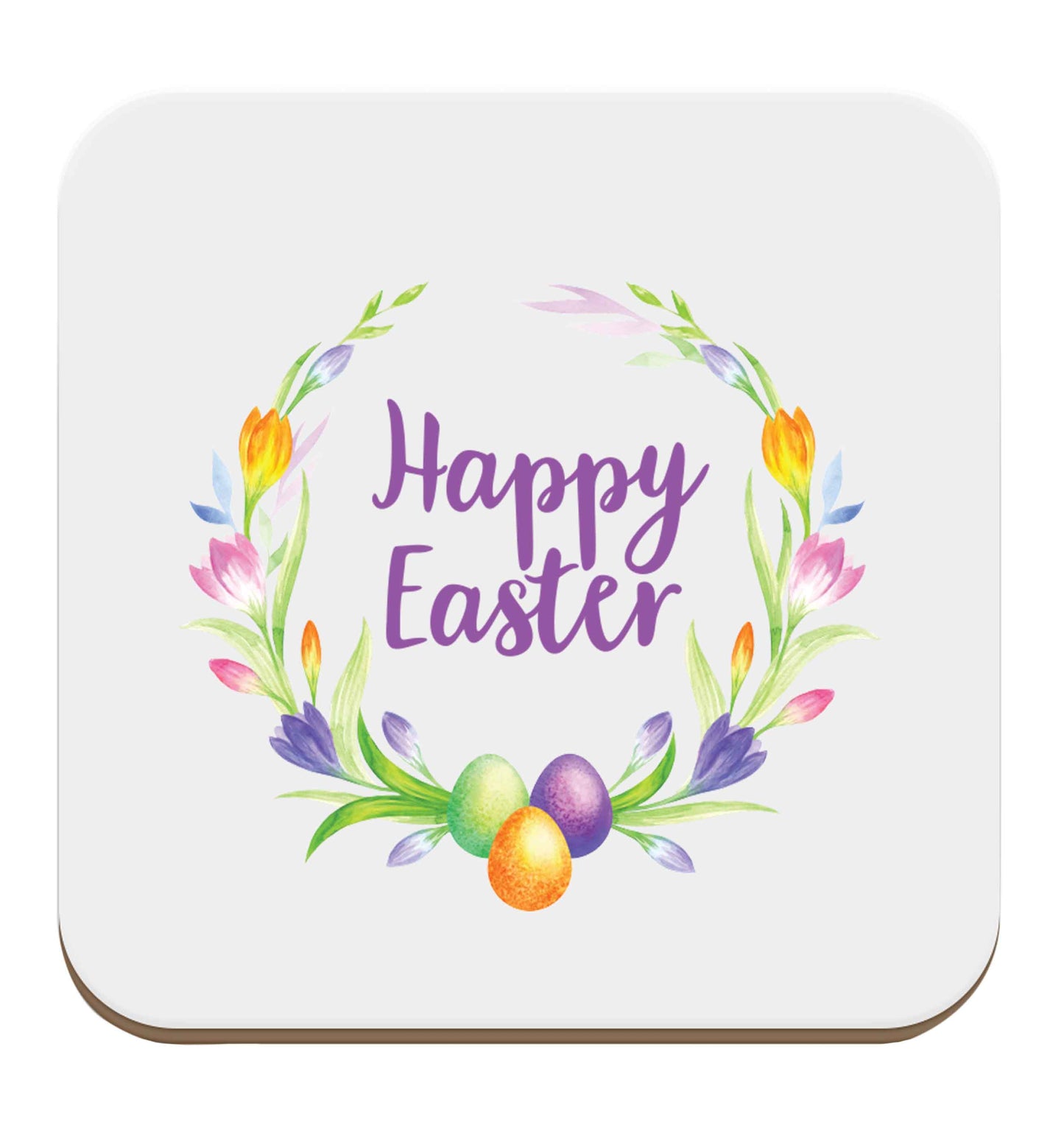 Gorgeous watercolour print for any bunny lover! Perfect for Easter and spring!  Happy Easter floral wreath set of four coasters