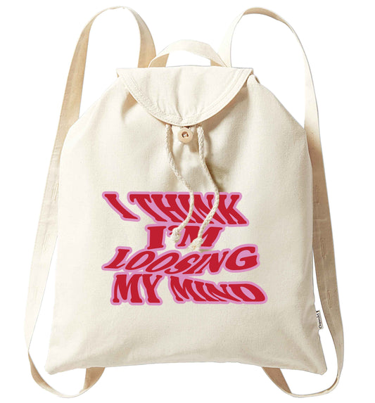 Gen Z funny viral meme  organic cotton backpack tote with wooden buttons in natural