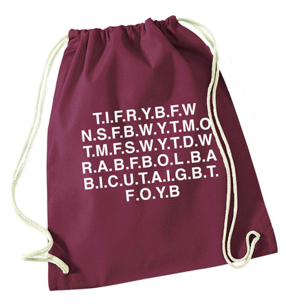 Gen Z funny viral meme  maroon drawstring bag