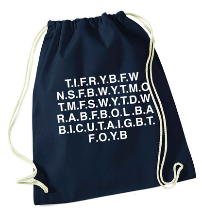 Gen Z funny viral meme  navy drawstring bag