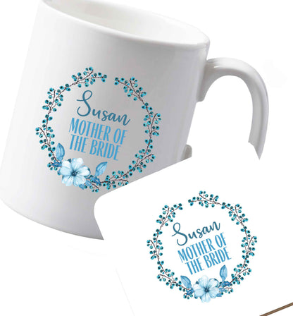 10 oz Ceramic mug and coaster Perfect wedding guest favours or hen party gifts! Personalised bridal floral wreath designs, any name, any role!   both sides