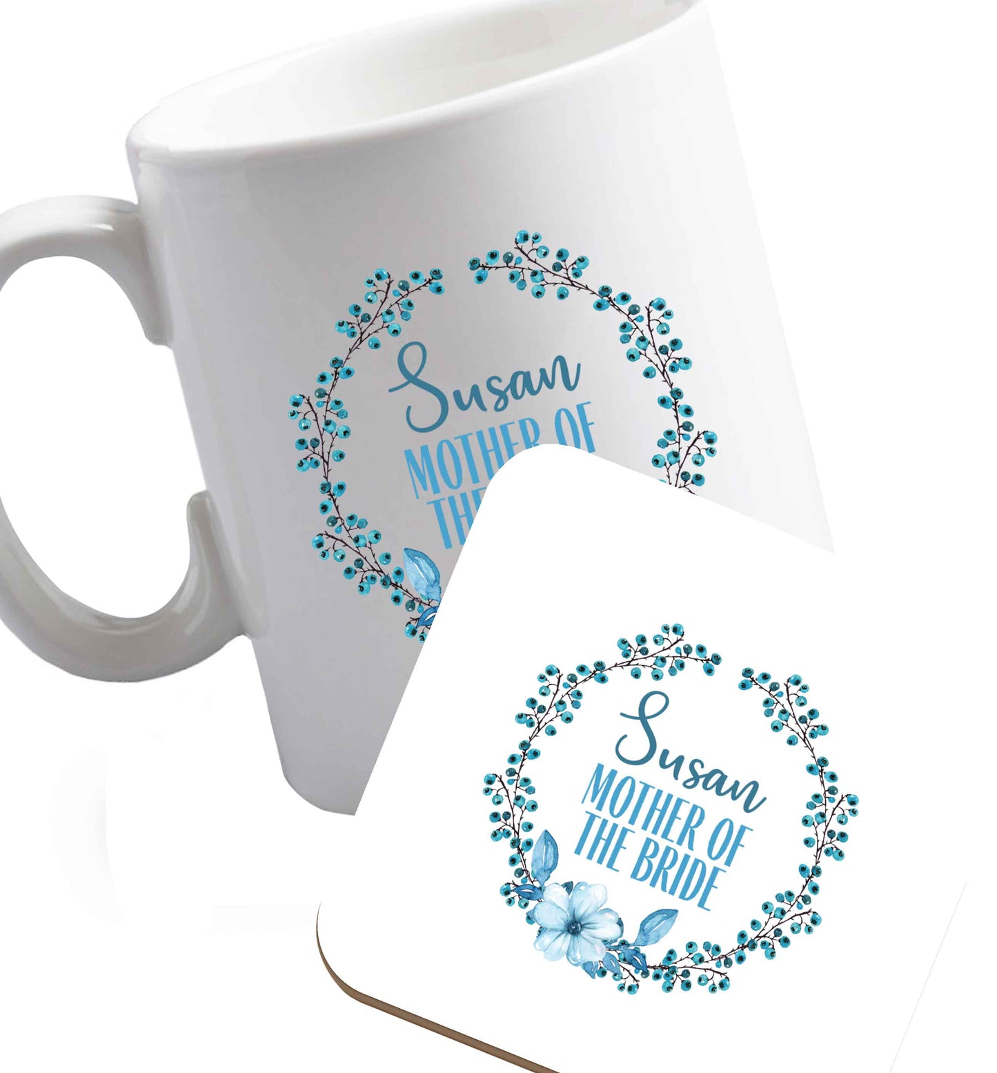 10 oz Perfect wedding guest favours or hen party gifts! Personalised bridal floral wreath designs, any name, any role!   ceramic mug and coaster set right handed