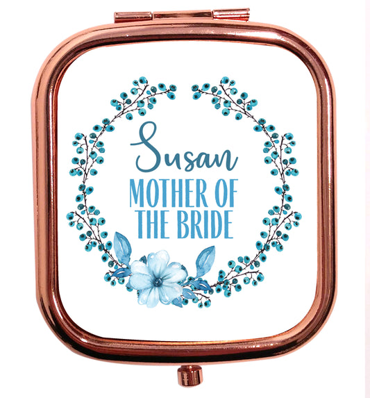 Perfect wedding guest favours or hen party gifts! Personalised bridal floral wreath designs, any name, any role! rose gold square pocket mirror