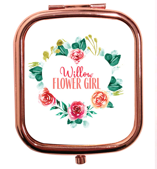 Perfect wedding guest favours or hen party gifts! Personalised bridal floral wreath designs, any name, any role! rose gold square pocket mirror