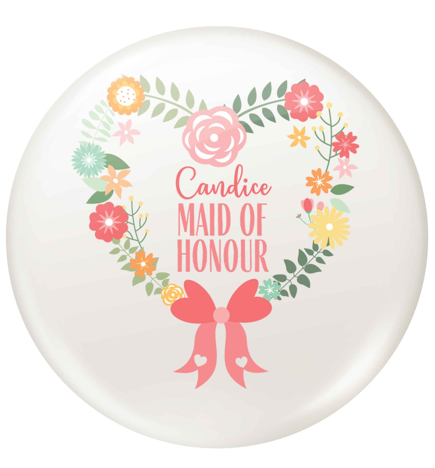 Perfect wedding guest favours or hen party gifts! Personalised bridal floral wreath designs, any name, any role! small 25mm Pin badge