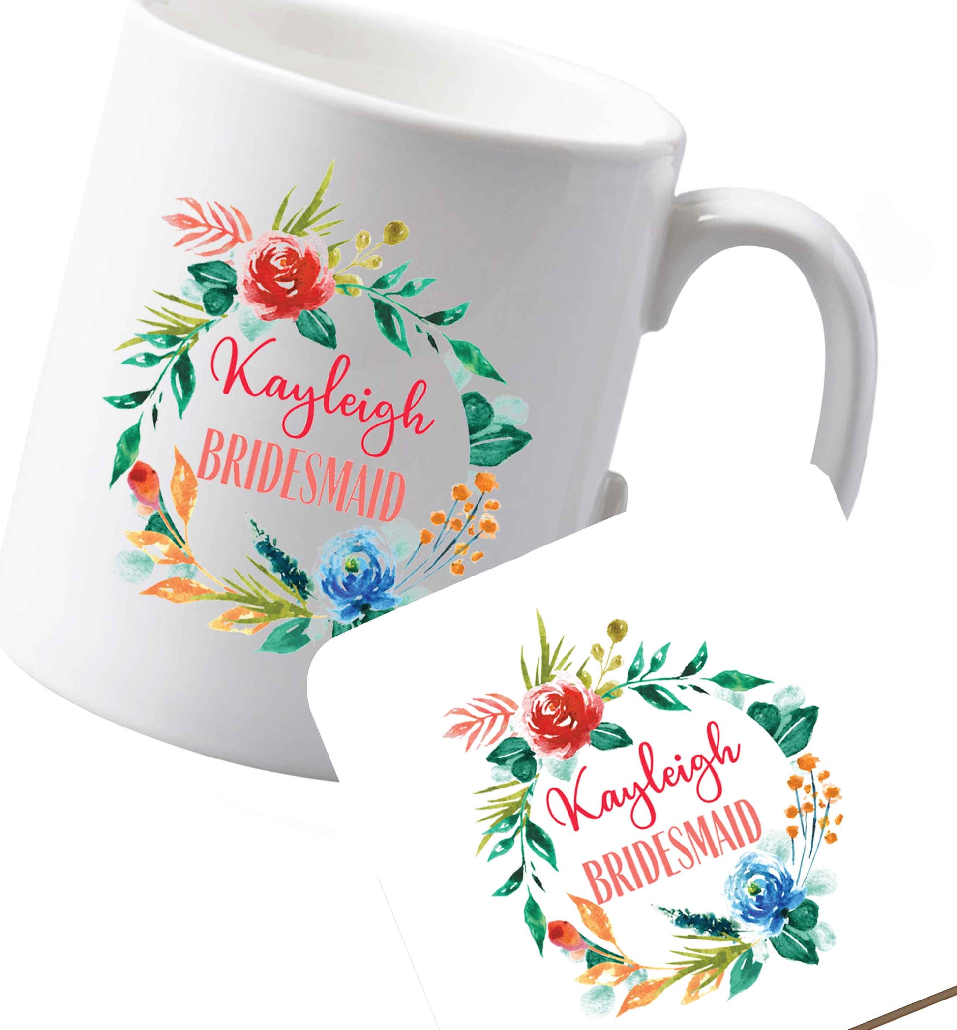 10 oz Ceramic mug and coaster Perfect wedding guest favours or hen party gifts! Personalised bridal floral wreath designs, any name, any role!   both sides