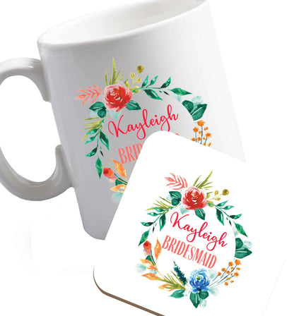 10 oz Perfect wedding guest favours or hen party gifts! Personalised bridal floral wreath designs, any name, any role!   ceramic mug and coaster set right handed