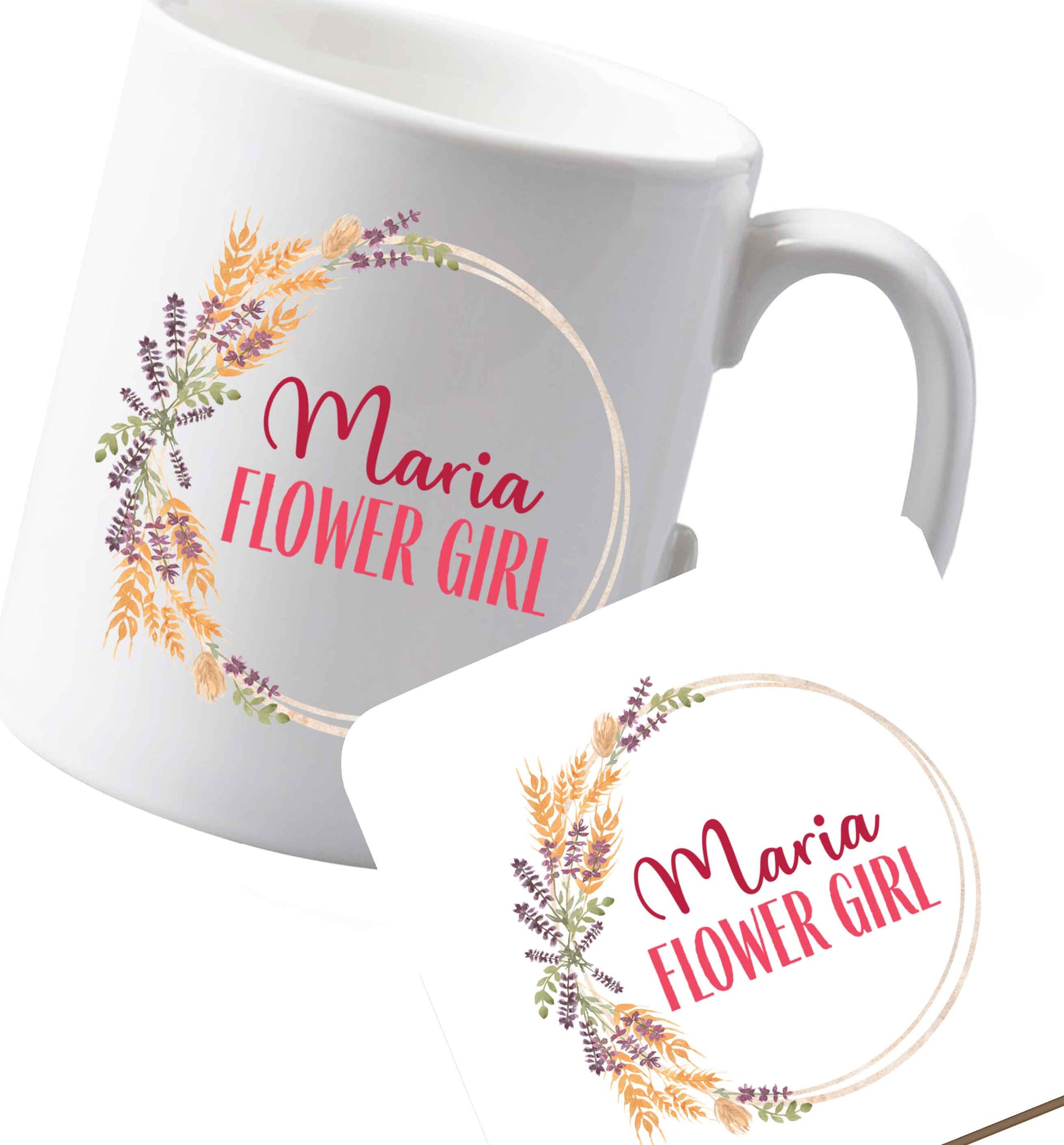 10 oz Ceramic mug and coaster Perfect wedding guest favours or hen party gifts! Personalised bridal floral wreath designs, any name, any role!   both sides