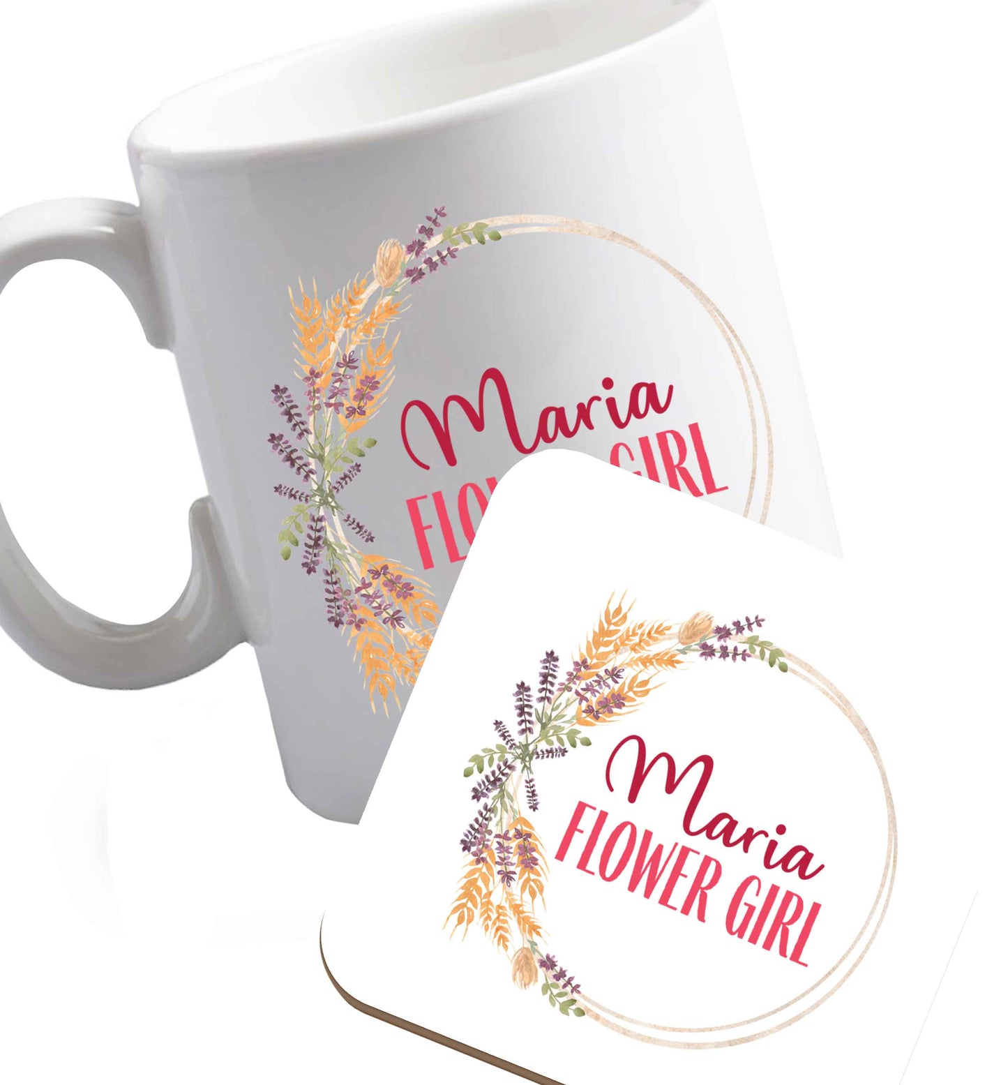 10 oz Perfect wedding guest favours or hen party gifts! Personalised bridal floral wreath designs, any name, any role!   ceramic mug and coaster set right handed