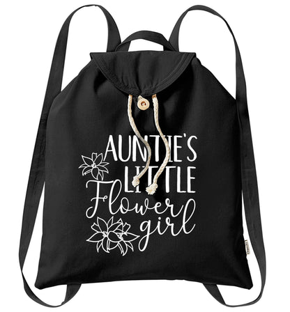 Perfect wedding guest favours or hen party gifts! Personalised bridal floral wreath designs, any name, any role! organic cotton backpack tote with wooden buttons in black