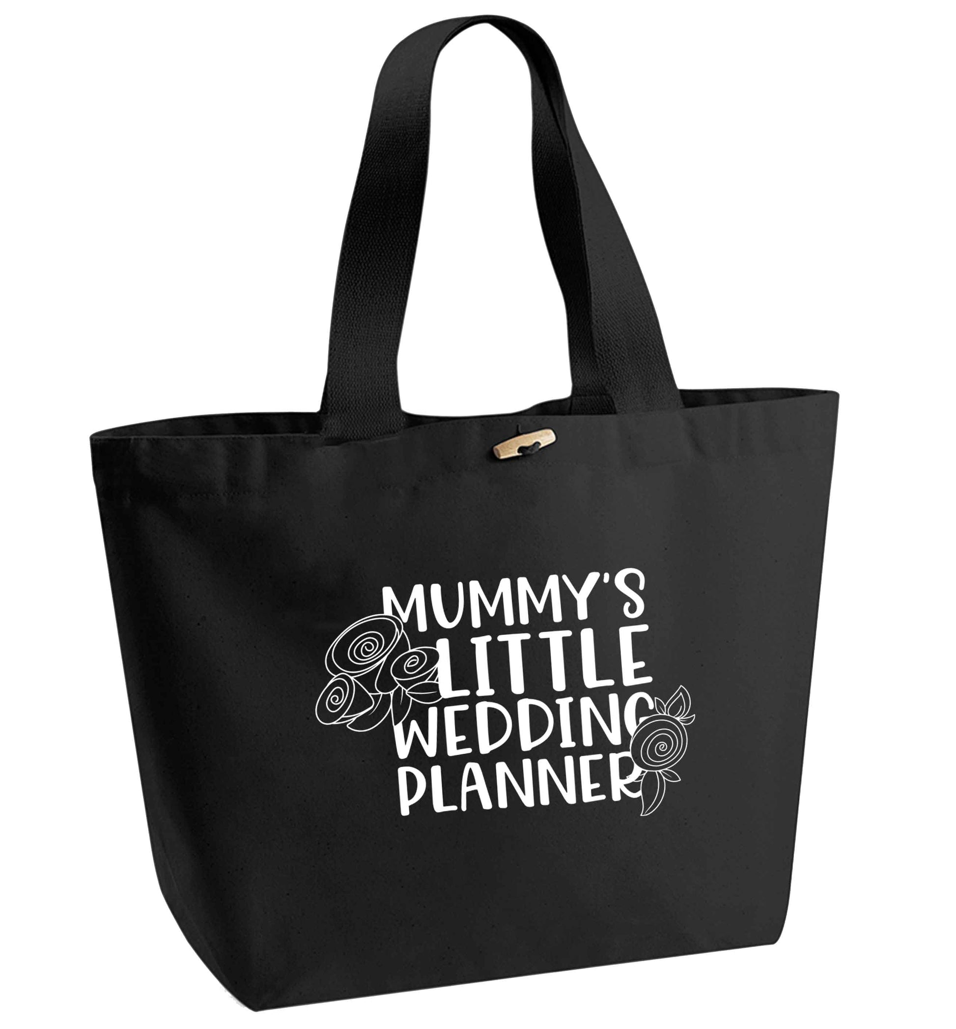 adorable wedding themed gifts for your mini wedding planner! organic cotton premium tote bag with wooden toggle in black