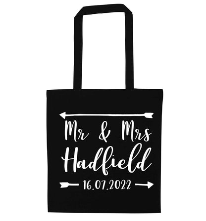 Personalised Mr and Mrs wedding date! Ideal wedding favours! black tote bag