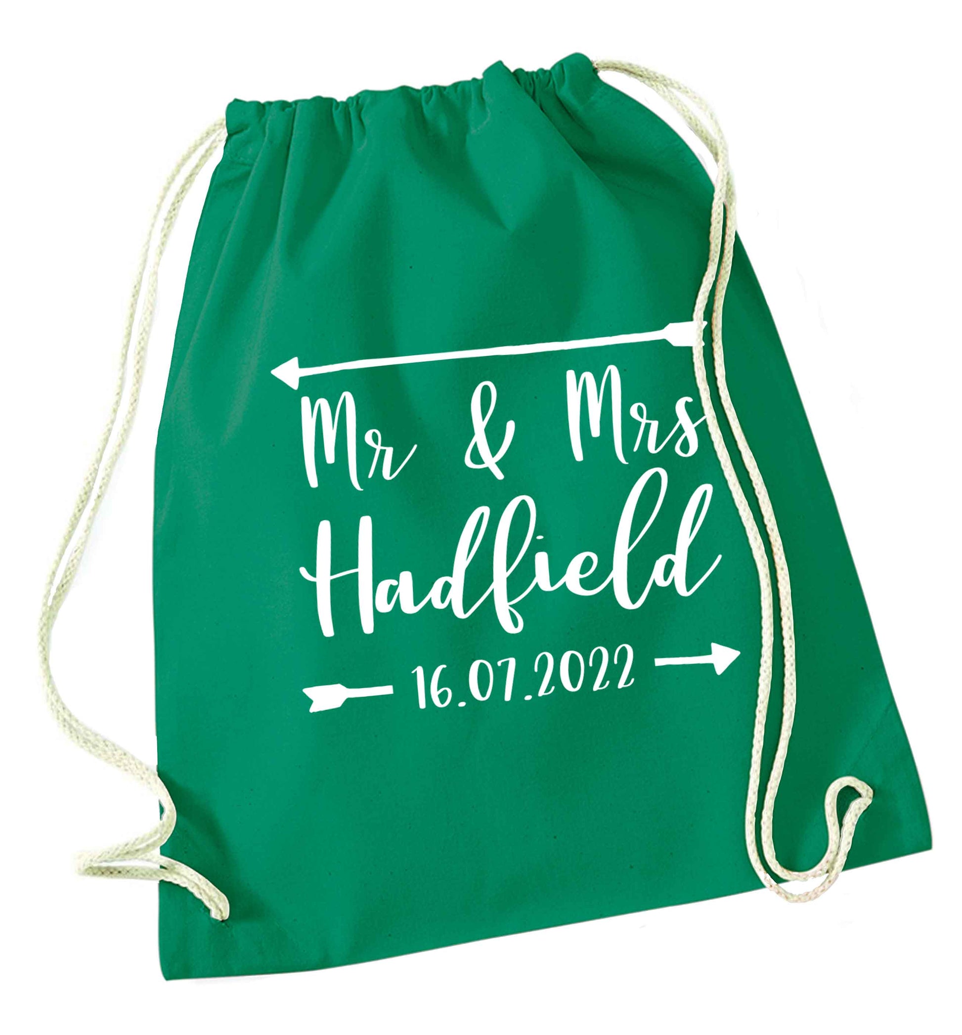 Personalised Mr and Mrs wedding date! Ideal wedding favours! green drawstring bag