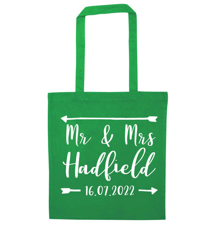 Personalised Mr and Mrs wedding date! Ideal wedding favours! green tote bag