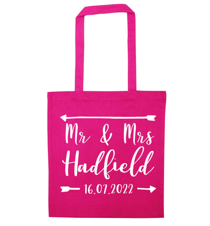 Personalised Mr and Mrs wedding date! Ideal wedding favours! pink tote bag