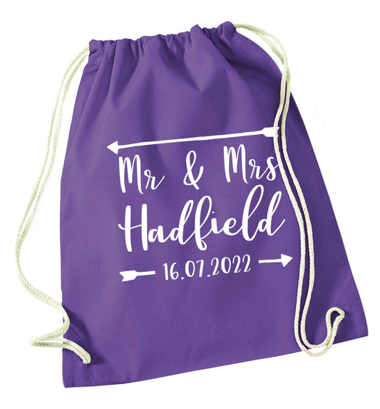 Personalised Mr and Mrs wedding date! Ideal wedding favours! purple drawstring bag