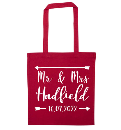 Personalised Mr and Mrs wedding date! Ideal wedding favours! red tote bag