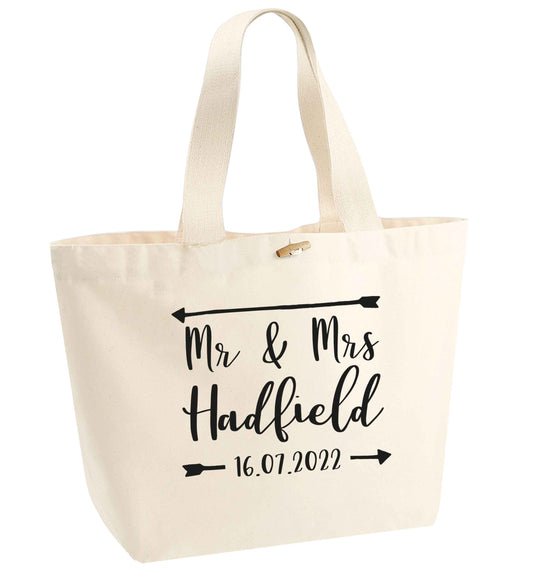 Personalised Mr and Mrs wedding date! Ideal wedding favours! organic cotton premium tote bag with wooden toggle in natural