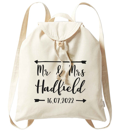 Personalised Mr and Mrs wedding date! Ideal wedding favours! organic cotton backpack tote with wooden buttons in natural