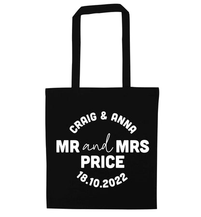 Personalised Mr and Mrs wedding and date! Ideal wedding favours! black tote bag