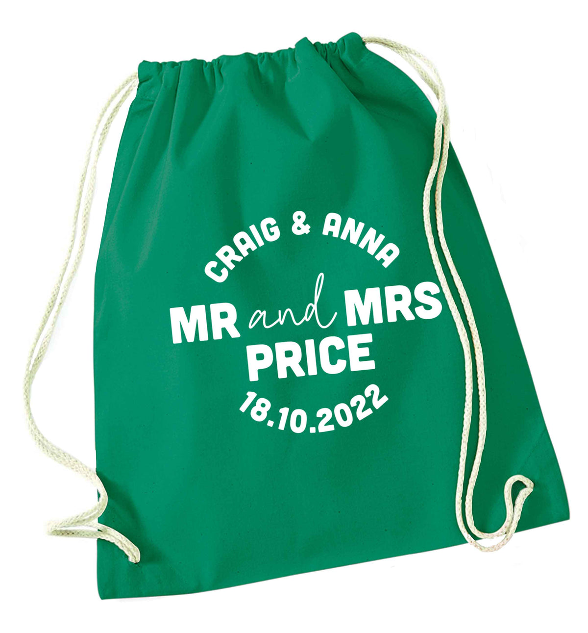 Personalised Mr and Mrs wedding and date! Ideal wedding favours! green drawstring bag