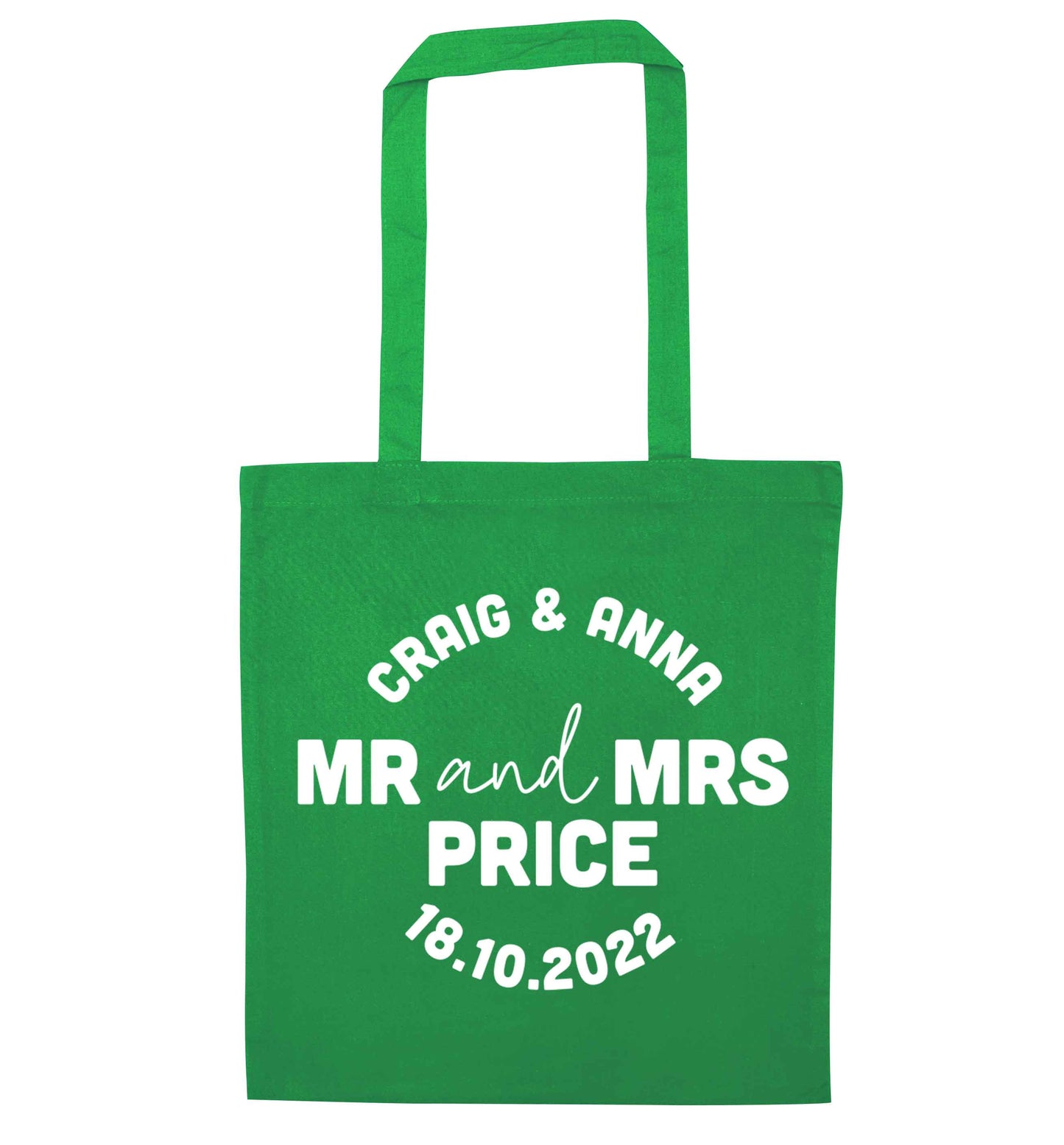 Personalised Mr and Mrs wedding and date! Ideal wedding favours! green tote bag
