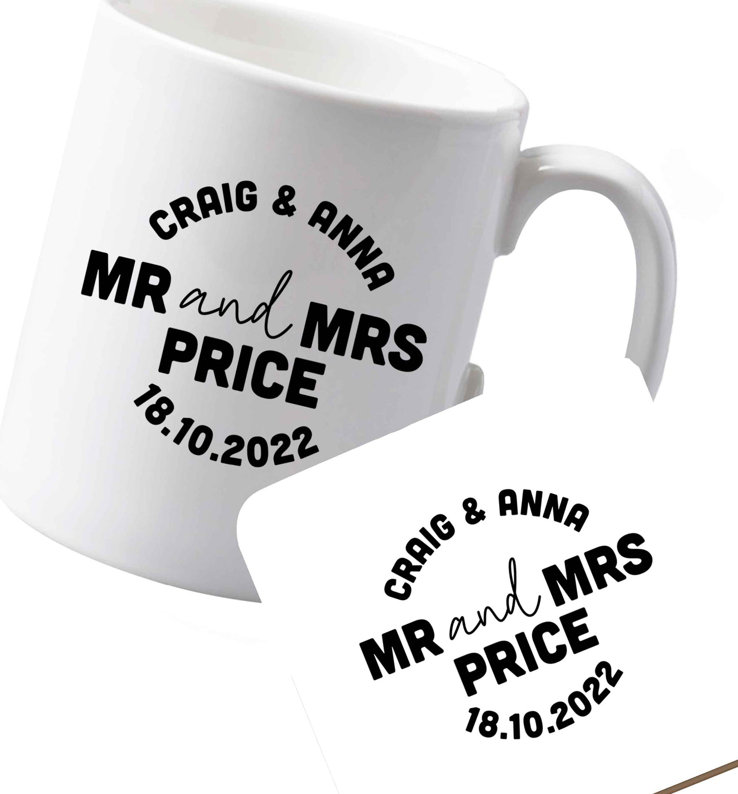 10 oz Ceramic mug and coaster Personalised Mr and Mrs wedding and date! Ideal wedding favours!   both sides