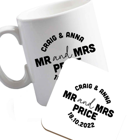 10 oz Personalised Mr and Mrs wedding and date! Ideal wedding favours!   ceramic mug and coaster set right handed