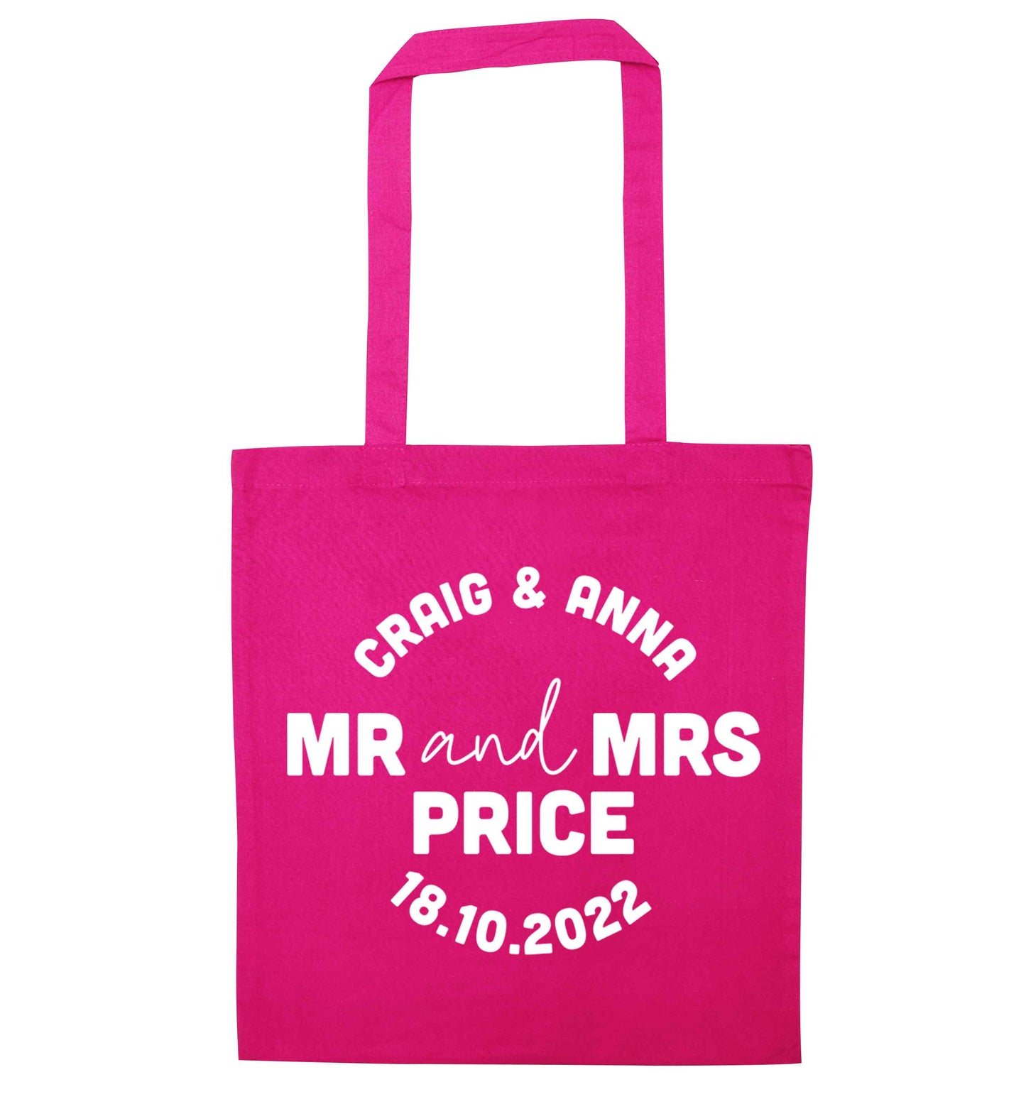 Personalised Mr and Mrs wedding and date! Ideal wedding favours! pink tote bag