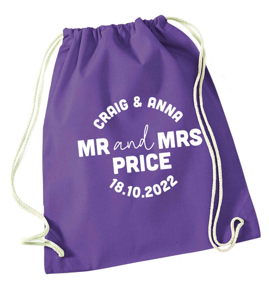 Personalised Mr and Mrs wedding and date! Ideal wedding favours! purple drawstring bag