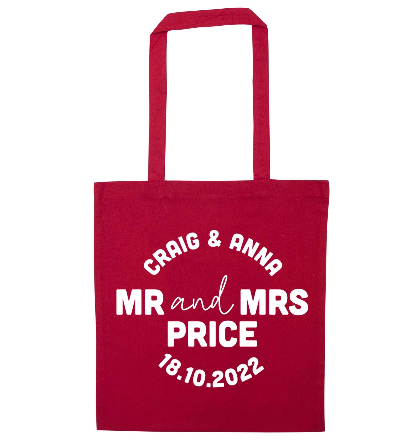 Personalised Mr and Mrs wedding and date! Ideal wedding favours! red tote bag