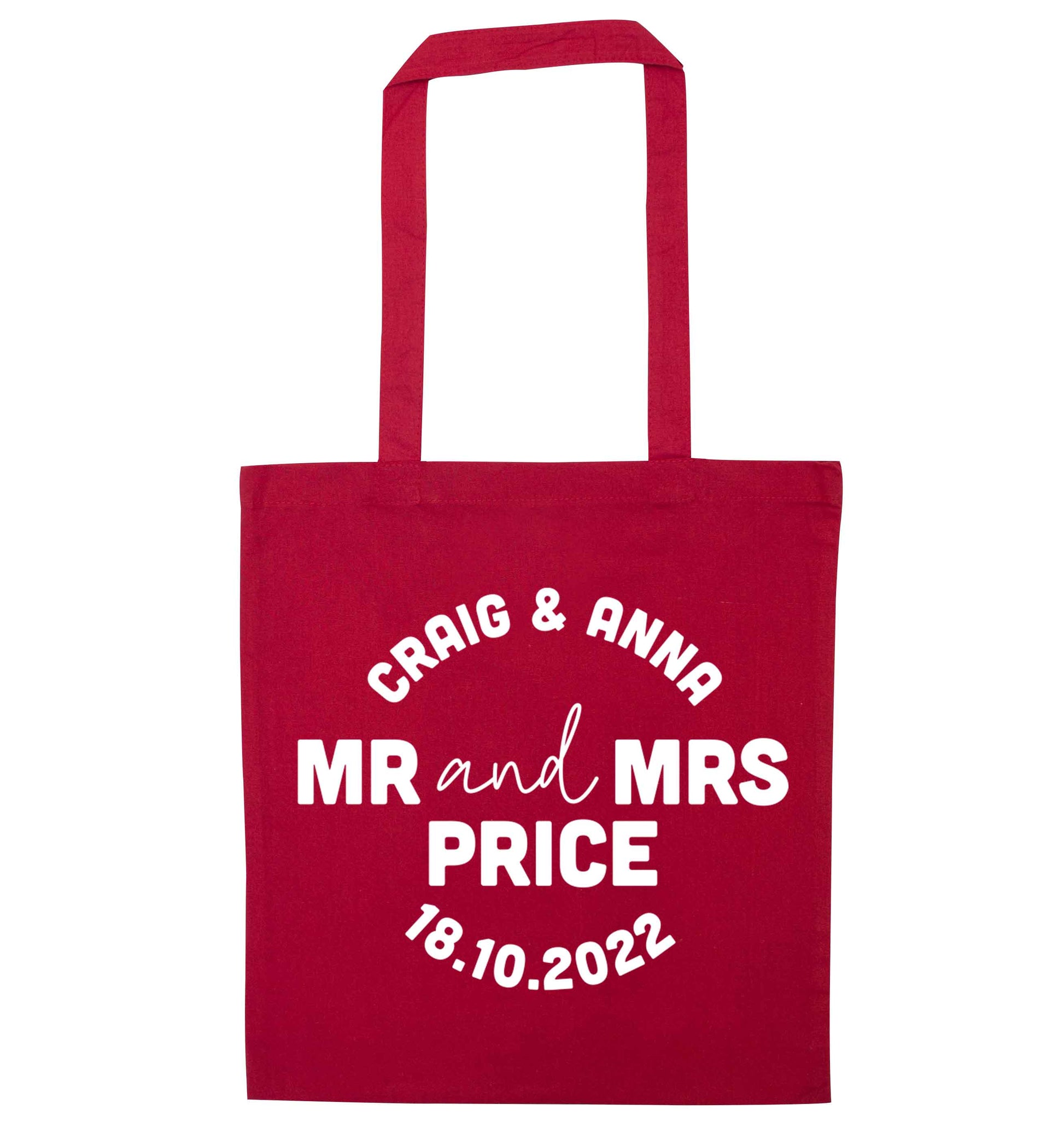 Personalised Mr and Mrs wedding and date! Ideal wedding favours! red tote bag