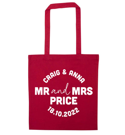 Personalised Mr and Mrs wedding and date! Ideal wedding favours! red tote bag