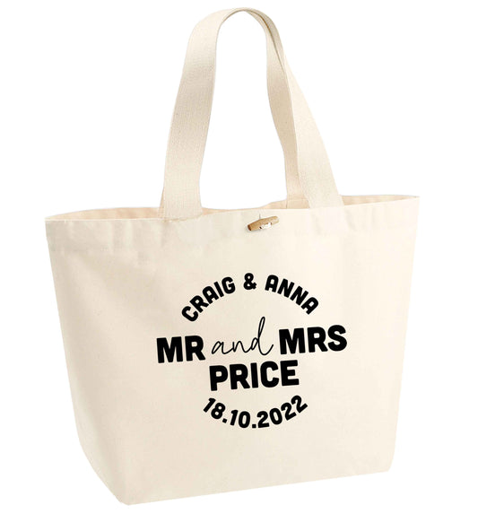 Personalised Mr and Mrs wedding and date! Ideal wedding favours! organic cotton premium tote bag with wooden toggle in natural