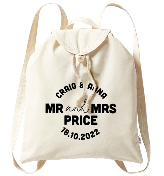 Personalised Mr and Mrs wedding and date! Ideal wedding favours! organic cotton backpack tote with wooden buttons in natural