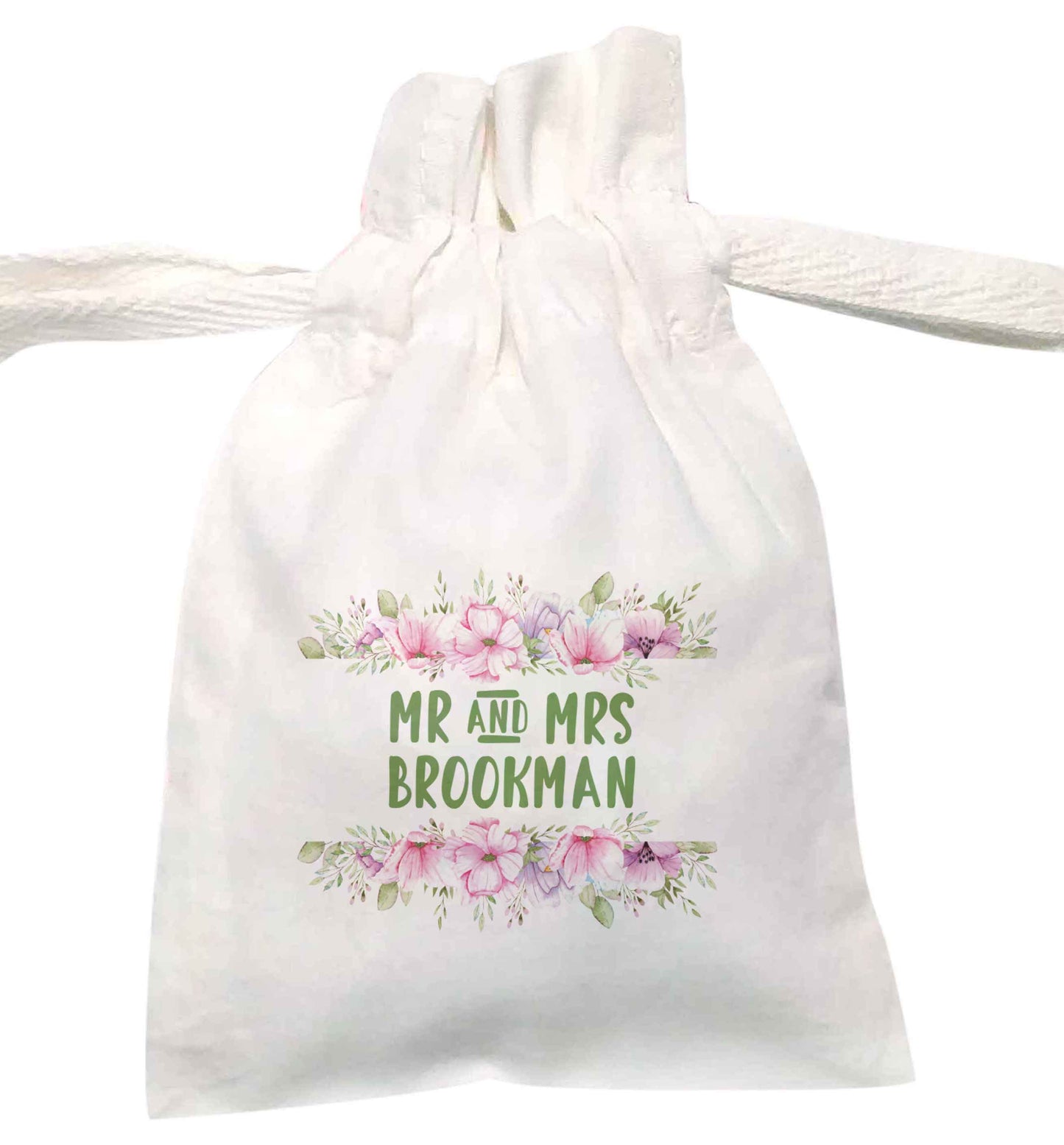 Green Floral Personalised Wedding Date and Name  | XS - L | Pouch / Drawstring bag / Sack | Organic Cotton | Bulk discounts available!