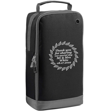 Personalised wedding thank you's Mr and Mrs wedding and date! Ideal wedding favours! black sports shoe bag vertical print