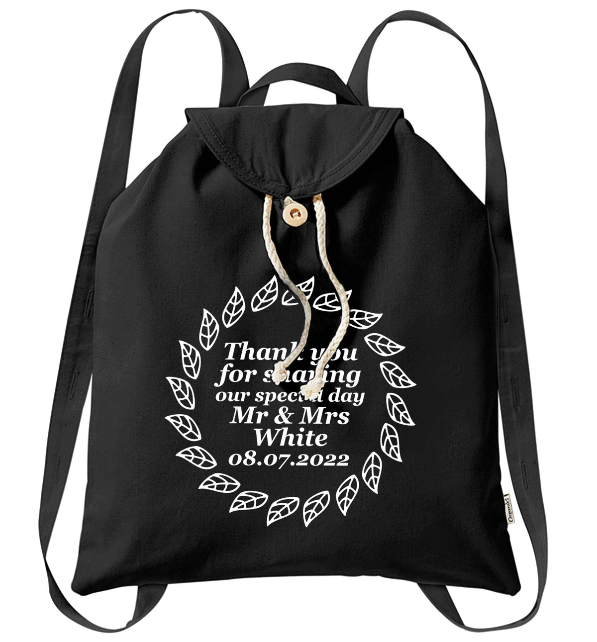 Personalised wedding thank you's Mr and Mrs wedding and date! Ideal wedding favours! organic cotton backpack tote with wooden buttons in black