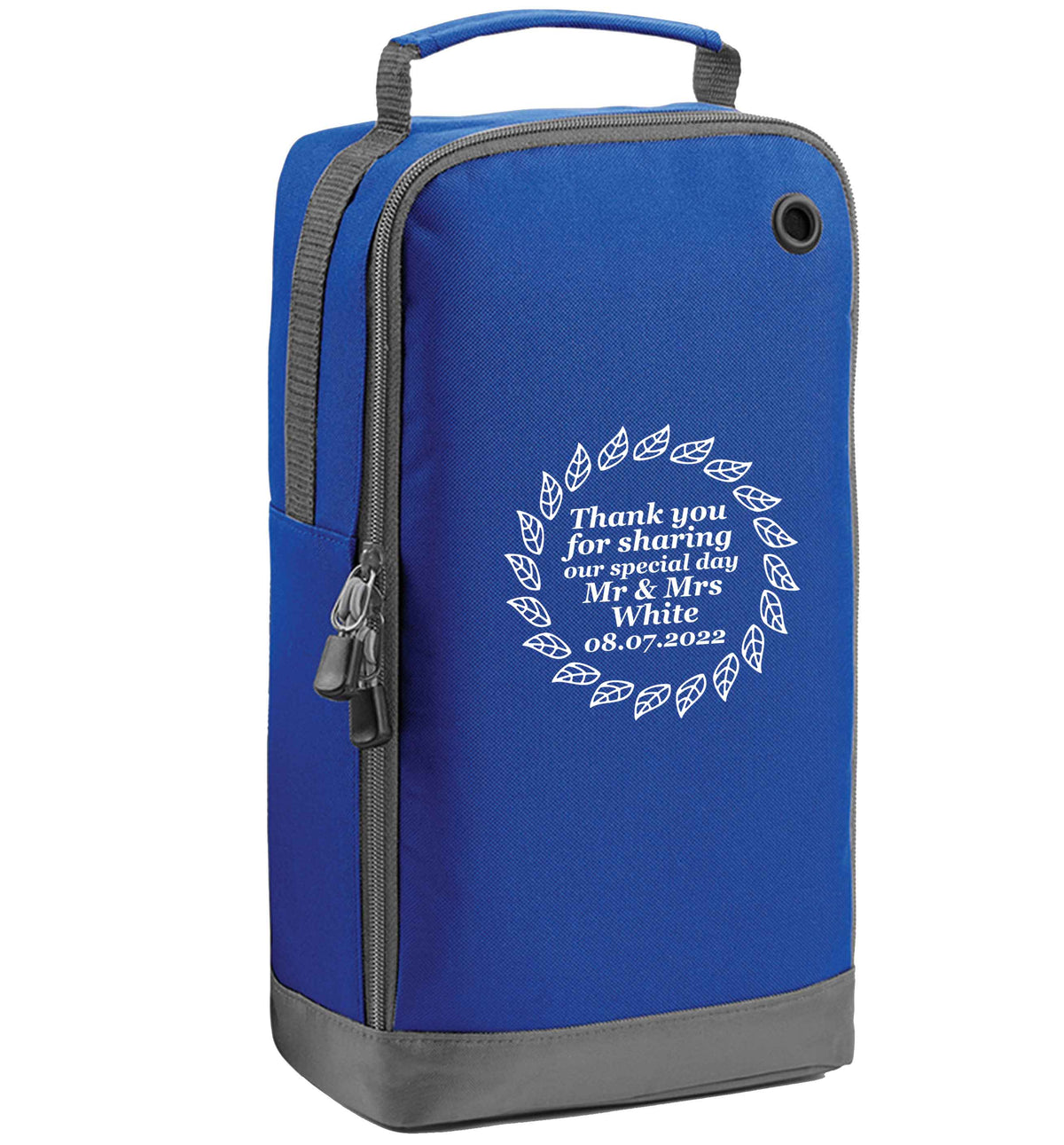 Personalised wedding thank you's Mr and Mrs wedding and date! Ideal wedding favours! blue sports shoe bag vertical print