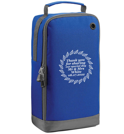 Personalised wedding thank you's Mr and Mrs wedding and date! Ideal wedding favours! blue sports shoe bag vertical print