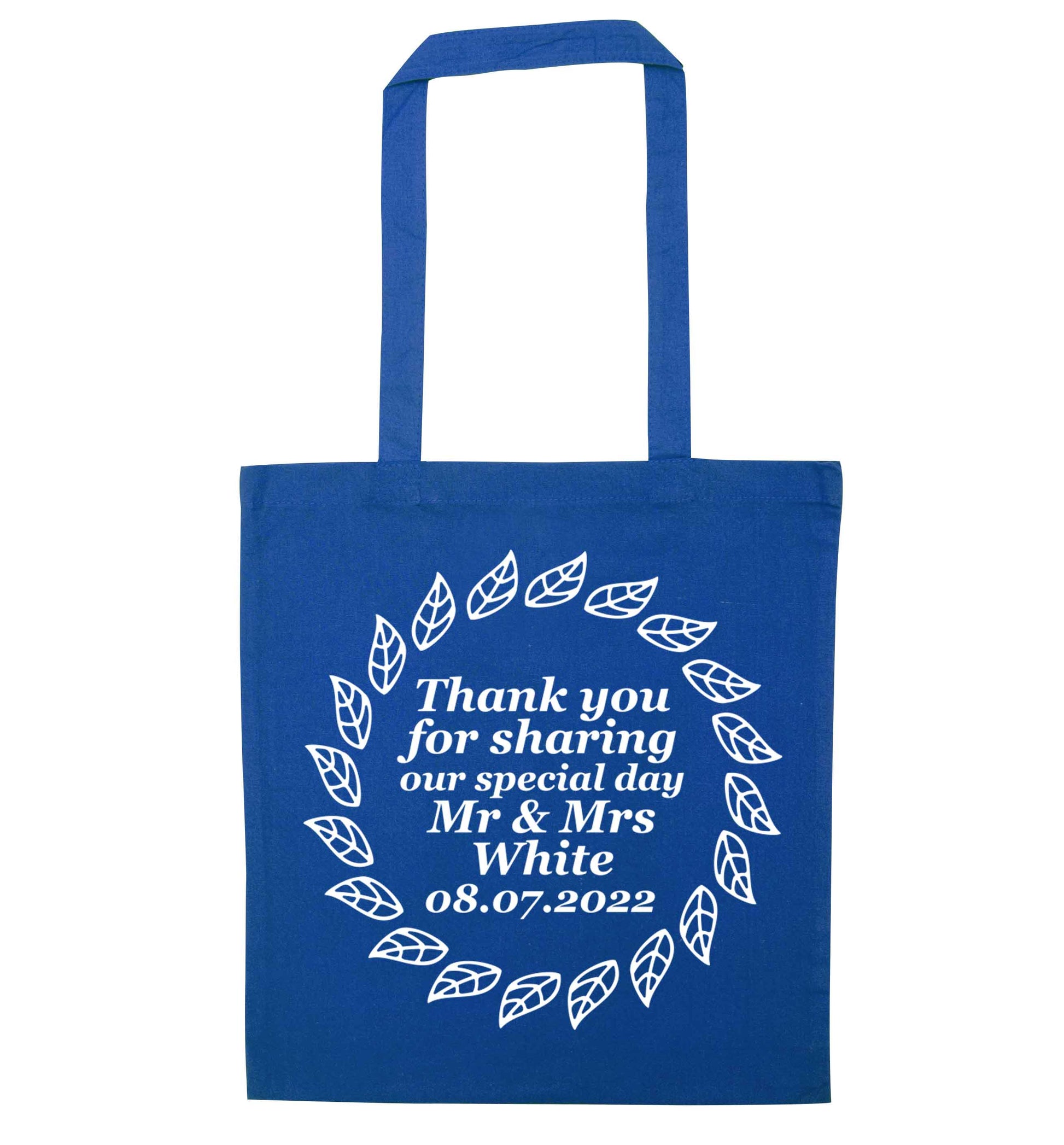 Personalised wedding thank you's Mr and Mrs wedding and date! Ideal wedding favours! blue tote bag