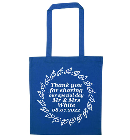Personalised wedding thank you's Mr and Mrs wedding and date! Ideal wedding favours! blue tote bag