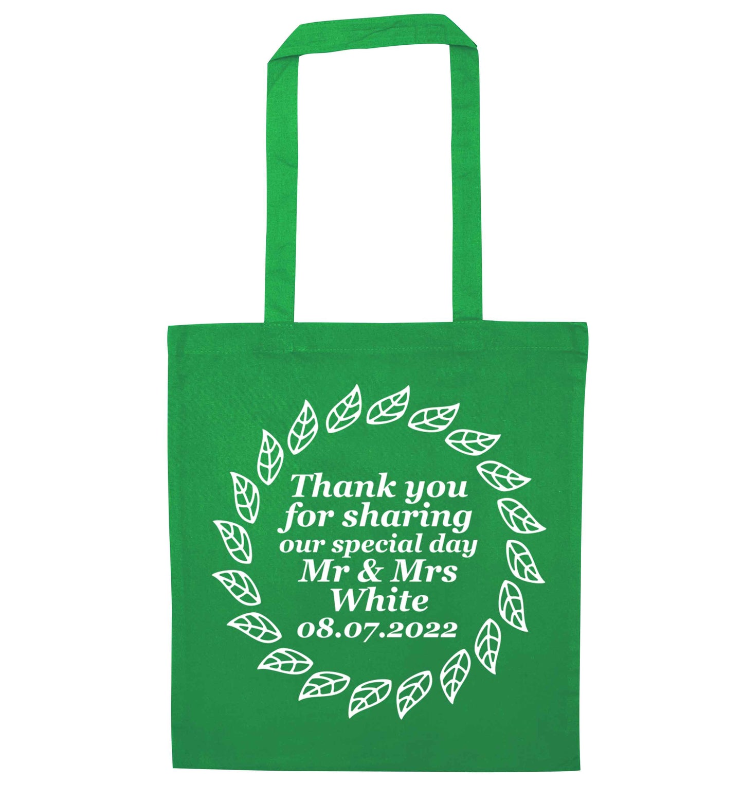 Personalised wedding thank you's Mr and Mrs wedding and date! Ideal wedding favours! green tote bag