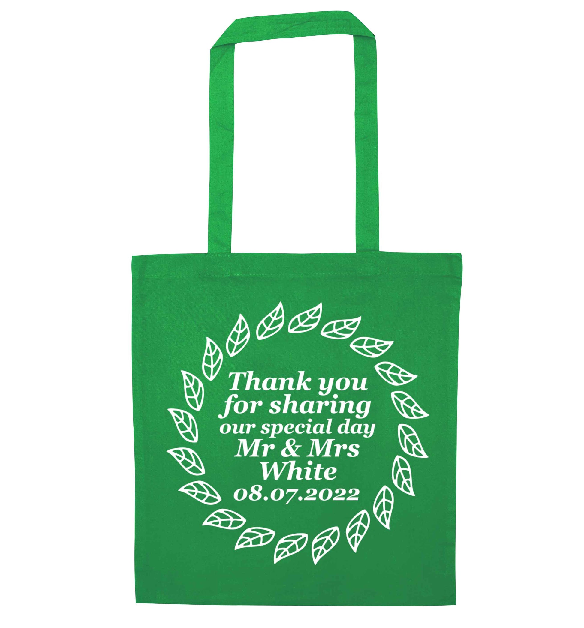 Personalised wedding thank you's Mr and Mrs wedding and date! Ideal wedding favours! green tote bag