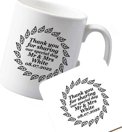 10 oz Ceramic mug and coaster Personalised wedding thank you's Mr and Mrs wedding and date! Ideal wedding favours!   both sides