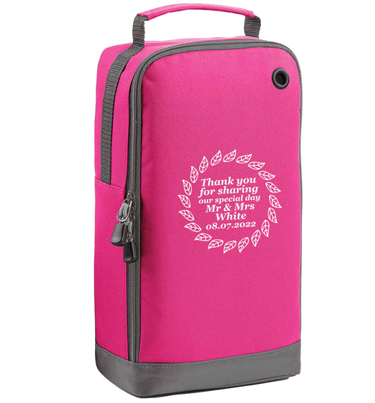 Personalised wedding thank you's Mr and Mrs wedding and date! Ideal wedding favours! pink sports shoe bag vertical print