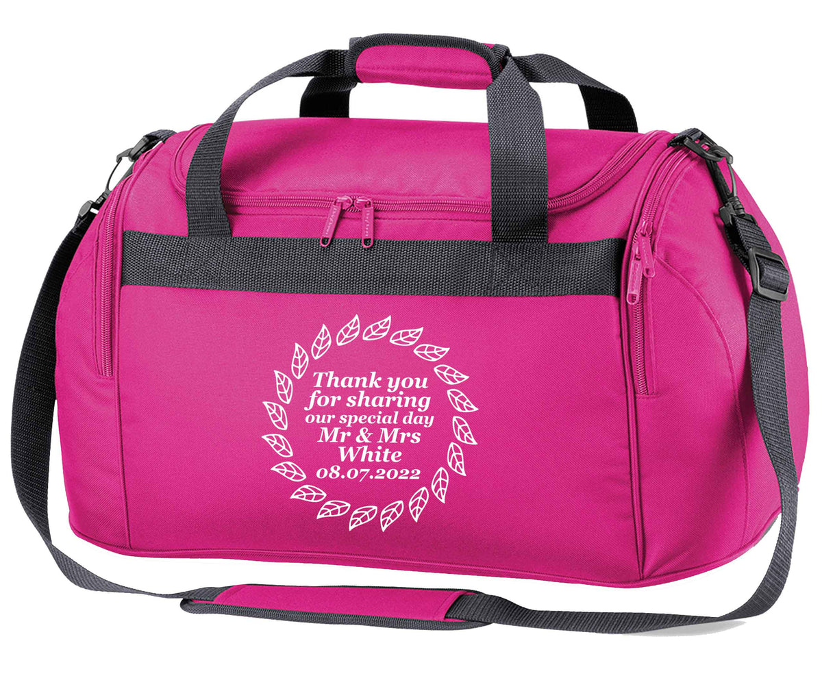 Personalised wedding thank you's Mr and Mrs wedding and date! Ideal wedding favours! pink holdall / duffel bag