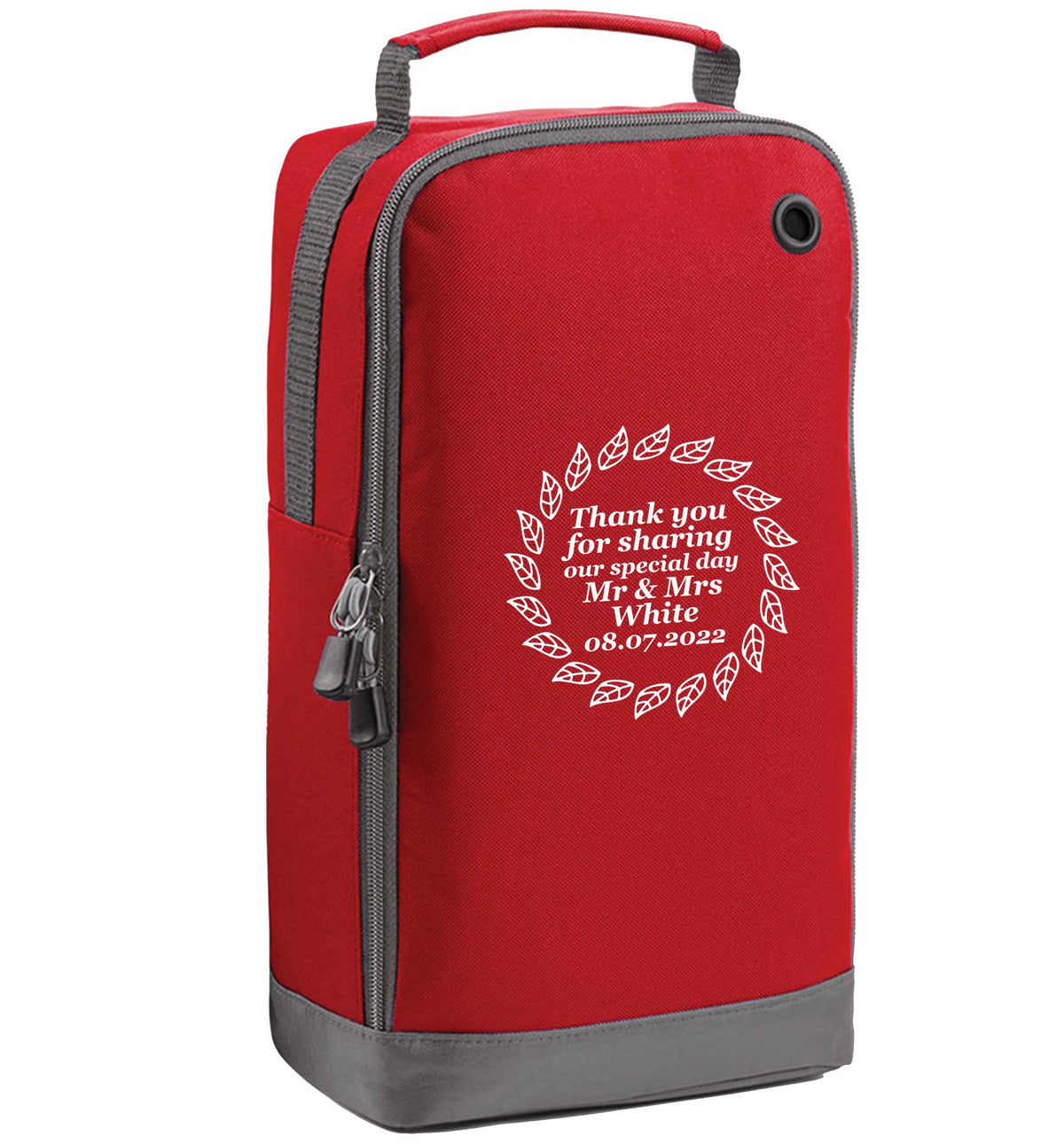 Personalised wedding thank you's Mr and Mrs wedding and date! Ideal wedding favours! red sports shoe bag vertical print