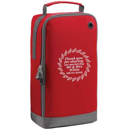 Personalised wedding thank you's Mr and Mrs wedding and date! Ideal wedding favours! red sports shoe bag vertical print