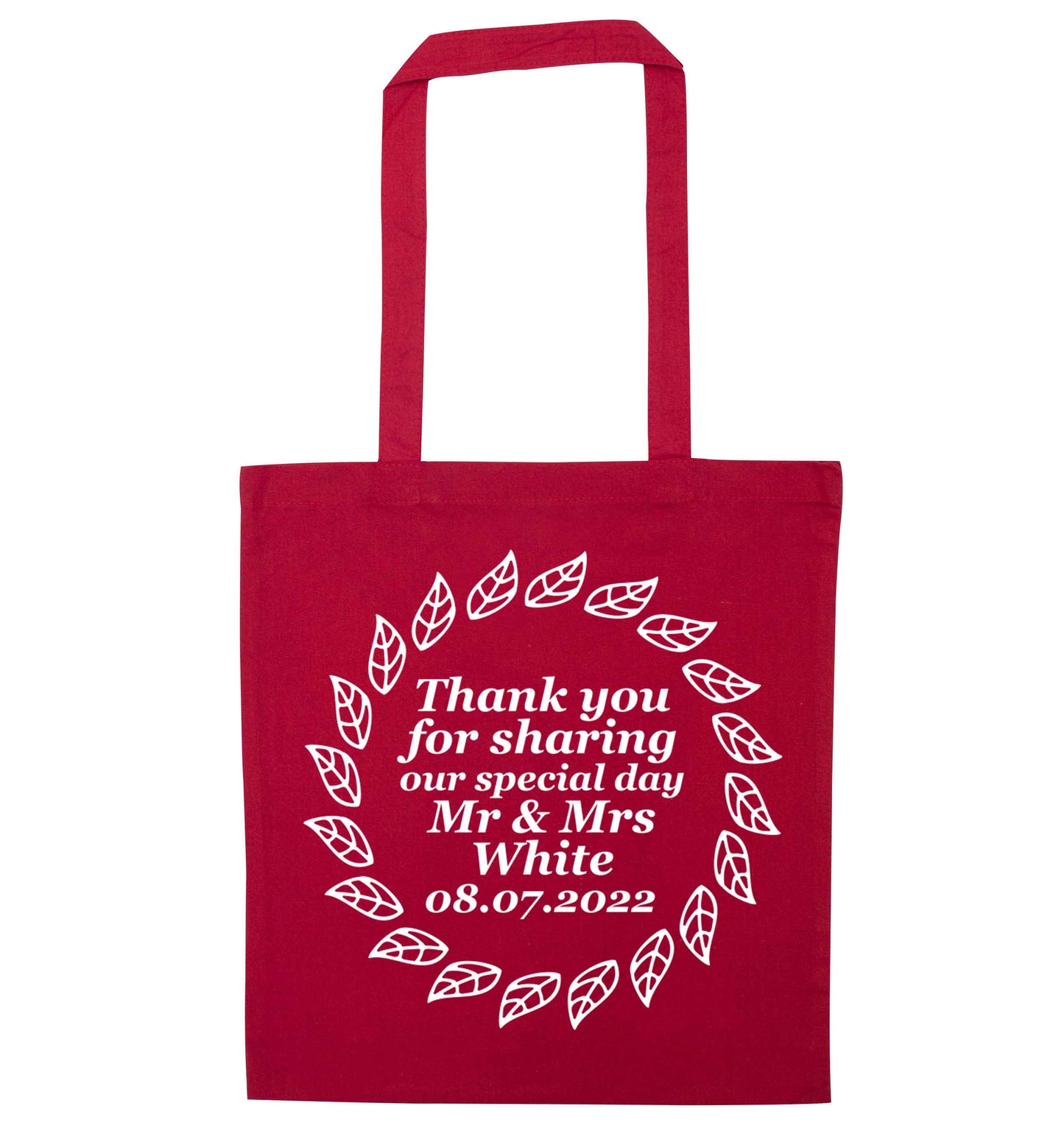 Personalised wedding thank you's Mr and Mrs wedding and date! Ideal wedding favours! red tote bag